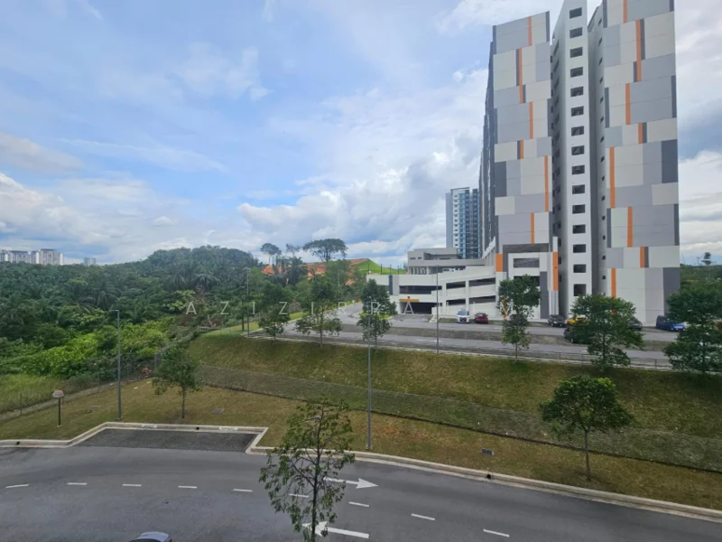 Exterior type: mid-rise condominium; features: white painted facade, orange accent stripes, landscaped green area, manicured lawn, parking deck, surrounded by greenery, road access, multiple storeys; style: modern.