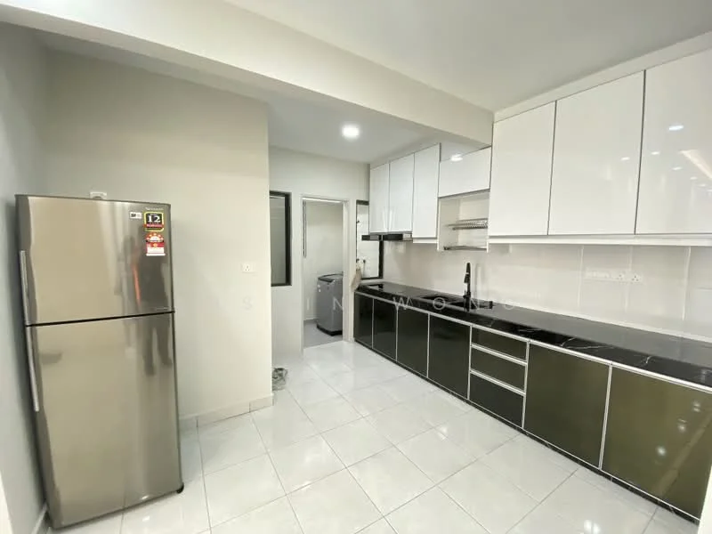 Kitchen features: stainless-steel fridge, black countertop, white upper cabinets, black lower cabinets, built-in oven, stainless-steel sink, chrome pull-down faucet, ceramic tile flooring, recessed downlights, window, kitchen island, laundry area visible; style: modern.