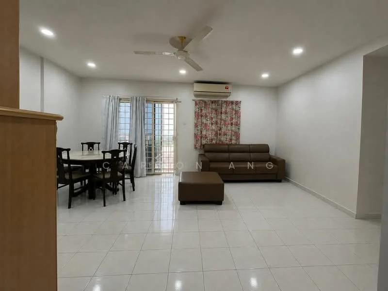 Living features: white painted walls, glossy white tile flooring, 5-blade ceiling fan with light, sofa in brown leather, coffee table, area rug, floor-to-ceiling window, curtains with floral pattern, wall-mounted air conditioning unit, decorative wall with floral curtain, dining table with 4 chairs; style: modern; view: city.