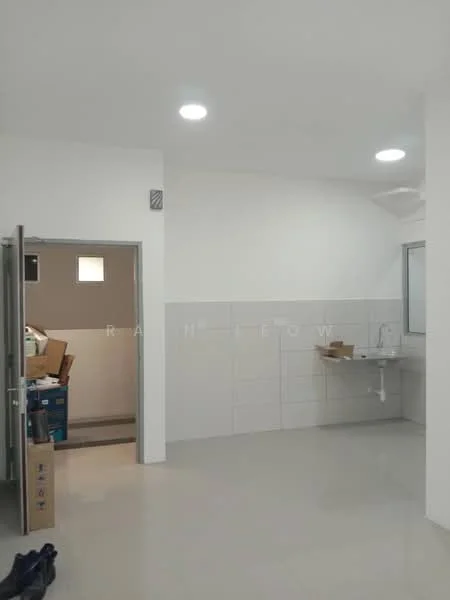 Room features: white painted walls, grey tiled wall, polished ceramic tile flooring, recessed LED downlights, single-bowl stainless-steel sink, window with natural light, doorway leading to another room, storage boxes visible; style: modern.
