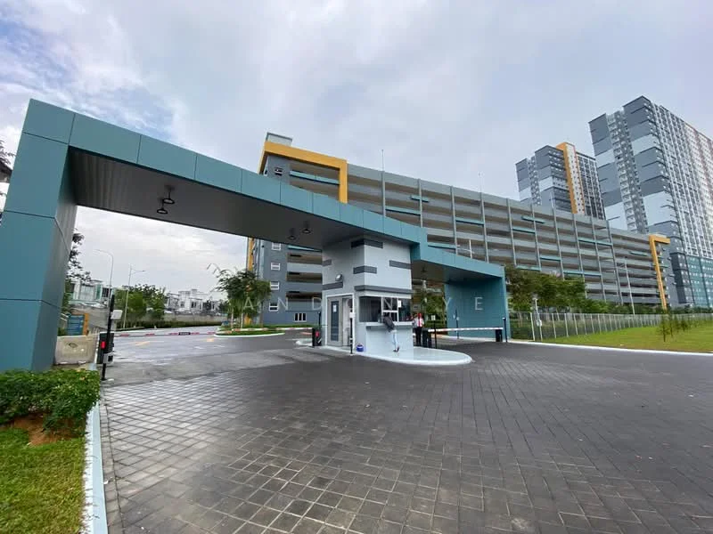 Exterior type: low-rise apartment block; features: guard house at entrance, gated entry, covered parking, manicured lawn, surrounded by greenery, multi-storey car park, modern facade with blue and grey elements; style: modern.