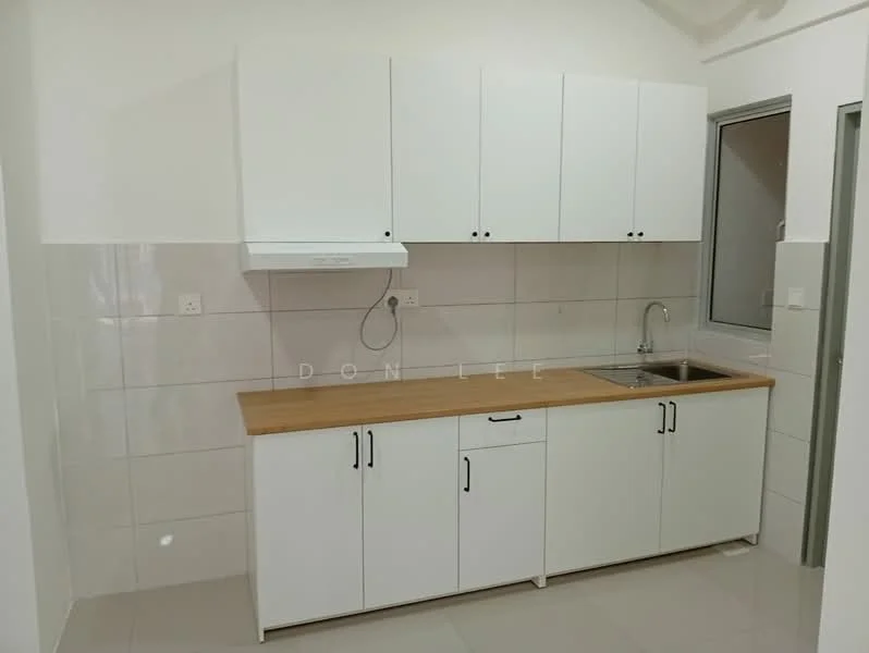 Kitchen features: white cabinetry, wood countertop, single-bowl stainless-steel sink, chrome pull-down faucet, white tiled backsplash, white tiled walls, ceramic tile flooring, exhaust hood, window, door, light fixture; style: modern.