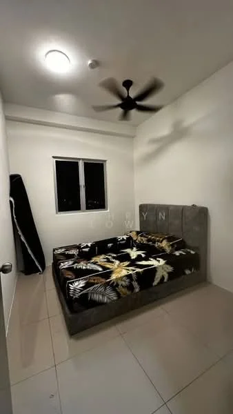 Bedroom features: king-size bed with upholstered headboard, bedding with floral pattern, 2 windows with black frames, white painted walls, ceiling fan, tile flooring, light fixture on ceiling; style: modern.
