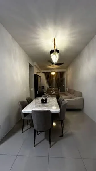 Dining features: marble dining table, upholstered dining chairs in grey, chandelier light fixture, 5-blade ceiling fan with light, white painted walls, grey tiled flooring, sofa in beige, curtains in neutral tone; style: modern.