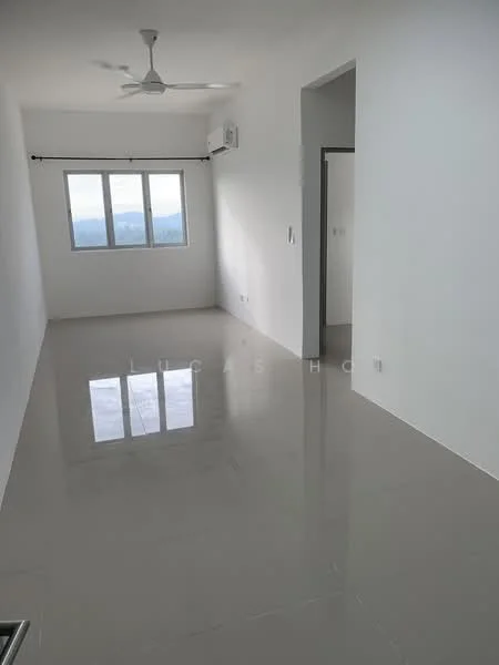 Room features: white painted walls, glossy tile flooring, 5-blade ceiling fan, floor-to-ceiling windows, air conditioning unit, window with city view, neutral color scheme, recessed lighting; style: modern; view: city.