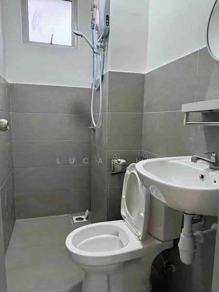 Bathroom features: grey ceramic tile flooring, white painted walls, single-sink vanity with chrome faucet, round mirror, one-piece toilet, shower with wall-mounted water heater, shower head, toilet paper holder, towel rack, window for natural light; style: modern.