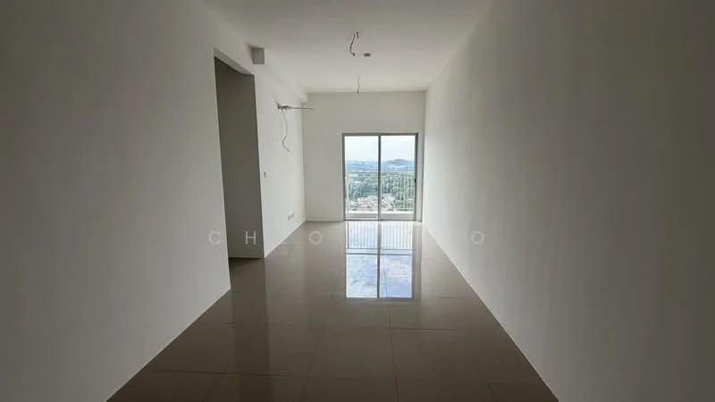 Room features: white painted walls, glossy tile flooring, large window with city view, unfurnished space, ceiling with exposed wiring, natural light from window; view: city.