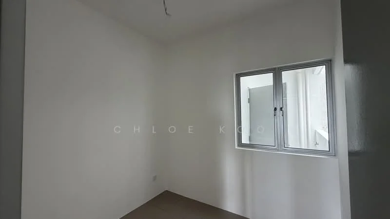 Room features: white painted walls, floor-to-ceiling window, plain ceiling, neutral flooring.