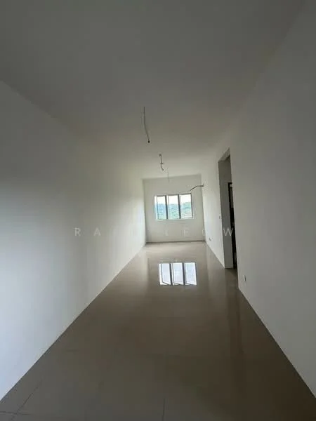 Room features: white painted walls, glossy tile flooring, multiple ceiling lights, window with view, neutral color scheme; style: modern.