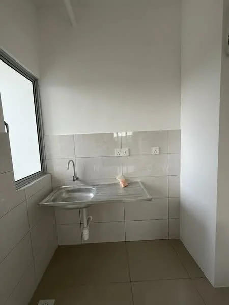 Room features: single-bowl stainless-steel sink, chrome faucet, white tiled walls, light grey tiled backsplash, cream floor tiles, window with no treatments, countertop with drainage area, plumbing visible under sink; style: modern.