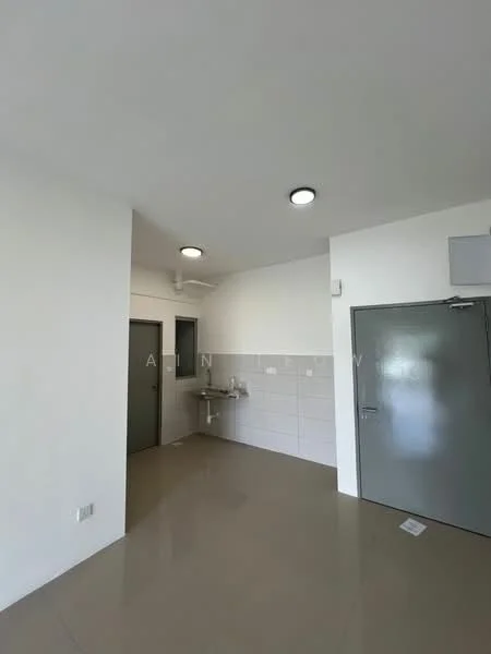 Room features: white painted walls, grey tiled flooring, recessed downlights, single-bowl stainless-steel sink, wall-mounted faucet, grey door, two grey doors, tile cladding on lower wall; style: modern.