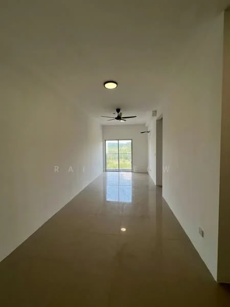 Room features: white painted walls, polished tile flooring, ceiling fan, floor-to-ceiling windows, sliding glass door, natural light, neutral color palette, open layout; style: modern; view: garden.