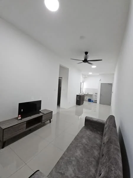 Living features: grey fabric sofa, TV console, wall-mounted TV, recessed downlights, ceiling fan, white painted walls, glossy ceramic tile flooring, open layout to kitchen; style: modern. Kitchen features: kitchen island, white cabinetry, stainless-steel sink, built-in appliances, open layout to living area; style: modern.