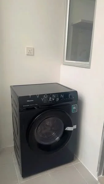 Laundry features: black front-load washing machine, white painted walls, tile flooring, window for natural light, power outlet, minimalist design; style: modern.