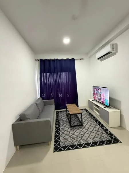 Living features: grey fabric sofa, wood coffee table, black and white area rug, wall-mounted TV, white TV console, air conditioning unit, purple curtains, white painted walls, tile flooring; style: modern.