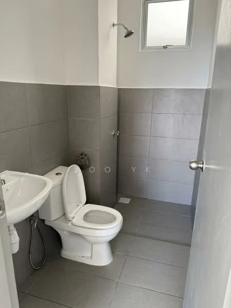 Bathroom features: white toilet, single-sink vanity with white cabinet, chrome basin mixer faucet, shower with handheld showerhead, grey tile flooring, grey tile wall cladding, small window for natural light, mirror above sink; style: modern.