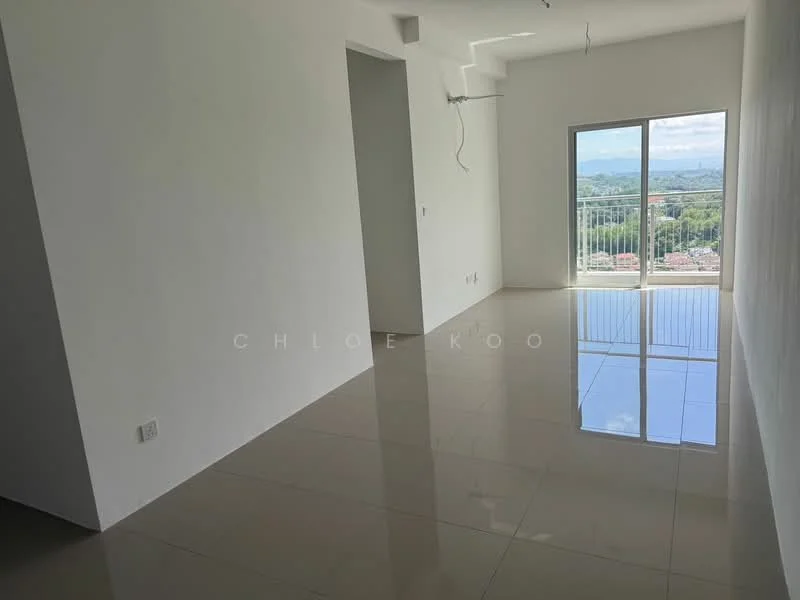 Room features: white painted walls, glossy ceramic tile flooring, floor-to-ceiling windows, mountain view, natural light, open layout, no visible furniture, smooth ceiling; style: modern; view: mountain.