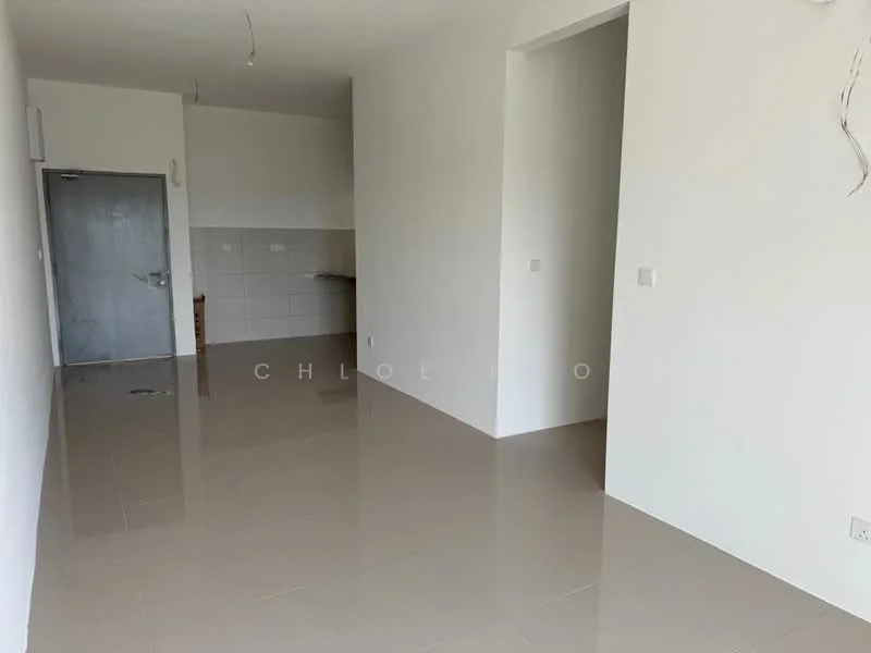 Room features: white painted walls, glossy ceramic tile flooring, open layout, kitchen area with wall tiles, single door, no visible appliances, no visible furniture, natural light from windows; style: minimalist.
