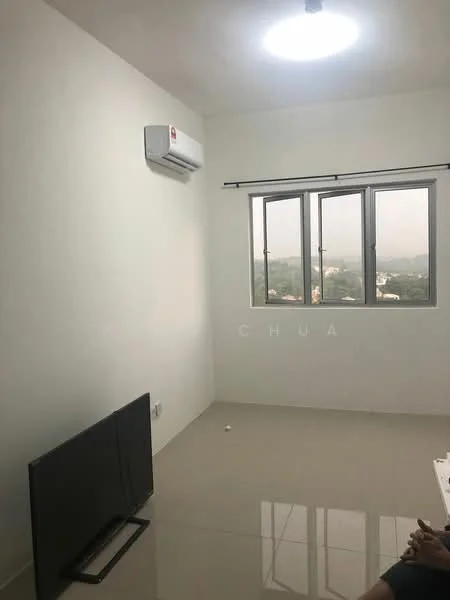 Room features: white painted walls, glossy tile flooring, 1 wall-mounted split AC, floor-to-ceiling window, curtain rod, TV console, television, city view; style: modern; view: city.