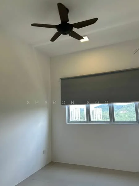 Room features: white painted walls, ceiling fan, window with view, roller blinds, tile flooring, natural light, light fixture, neutral color scheme; view: city.
