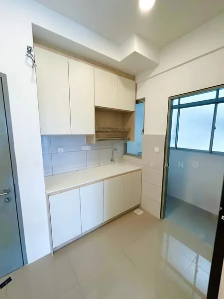 Kitchen features: white cabinetry, single-bowl stainless-steel sink, chrome pull-down faucet, white tiled backsplash, light-colored countertop, built-in shelves, window with sliding glass, cream-colored walls, glossy tile flooring; style: modern.