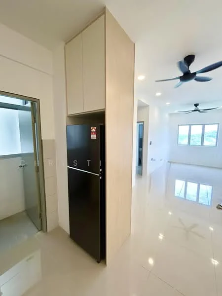 Room features: black fridge, white walls, glossy tile flooring, ceiling fan, recessed downlights, open layout, large windows, kitchen cabinetry; style: modern.