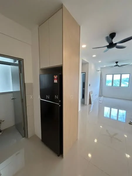 Room features: black fridge, white walls, glossy tile flooring, ceiling fan, recessed downlights, large windows, open layout, kitchen cabinetry, neutral color scheme; style: modern; view: city.
