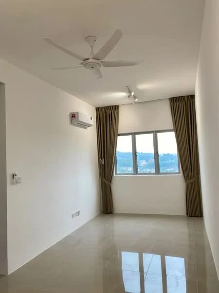 Room features: white painted walls, polished tile flooring, 5-blade ceiling fan, 1 wall-mounted split AC, floor-to-ceiling windows, sheer curtains, curtains in beige, recessed downlights; style: modern; view: city.