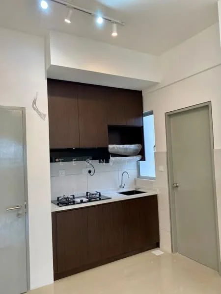 Kitchen features: brown wooden cabinetry, white countertop, single-bowl stainless-steel sink, chrome pull-down faucet, 2-burner gas hob, white tiled backsplash, recessed ceiling lights, window above sink, cream-colored walls, polished tile flooring; style: modern.