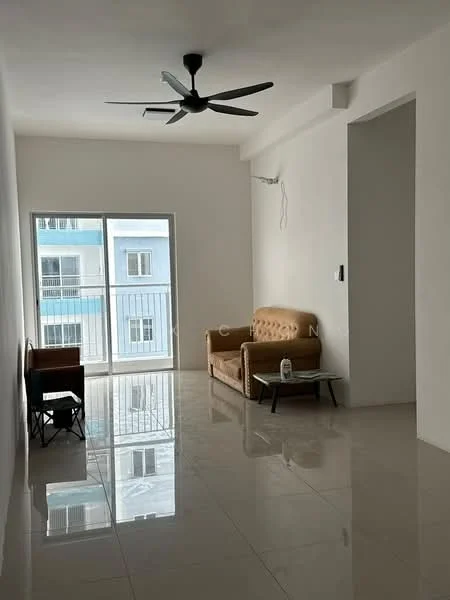 Living features: white painted walls, glossy tile flooring, 5-blade ceiling fan, sofa in beige, coffee table, floor-to-ceiling sliding glass door, curtains, balcony view; style: modern; view: city.