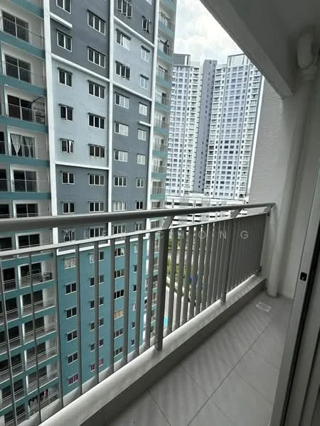 Balcony features: railing, tiled flooring, view of adjacent buildings, grey exterior walls, white painted walls, overhead ceiling, sliding door access from living area; style: modern; view: city.