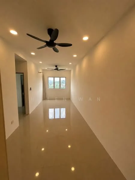 Room features: white painted walls, glossy ceramic tile flooring, recessed LED downlights, 2-blade ceiling fans, large window with view, curtains, neutral color scheme; style: modern; view: city.