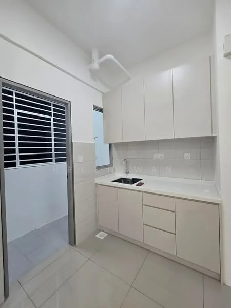 Kitchen features: white cabinetry, single-bowl stainless-steel sink, chrome pull-down faucet, white quartz countertop, ceramic tile backsplash, built-in oven, freestanding range oven, recessed downlights, grey ceramic tile flooring, window with horizontal slats, open shelving, wall-mounted exhaust fan; style: modern.