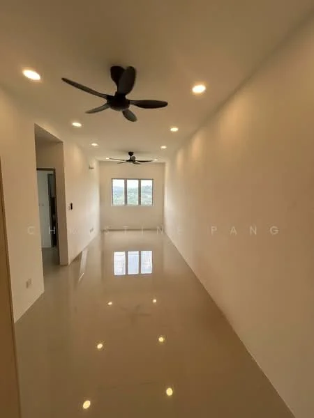 Room features: white painted walls, polished tile flooring, recessed LED downlights, 2 ceiling fans, large windows, natural light, neutral color scheme; style: modern; view: city.