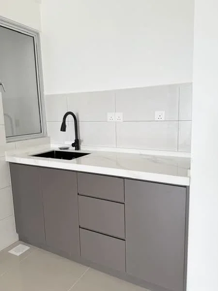 Kitchen features: grey cabinetry with three drawers, white marble countertop, black single-bowl sink, black gooseneck faucet, white tiled backsplash, two electrical outlets, window for natural light, ceramic tile flooring; style: modern.