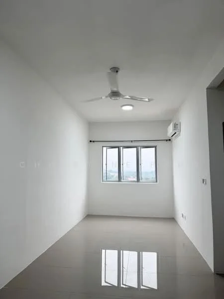 Room features: white painted walls, polished floor tiles, ceiling fan, recessed LED downlights, floor-to-ceiling windows, wall-mounted split AC; style: modern; view: city.