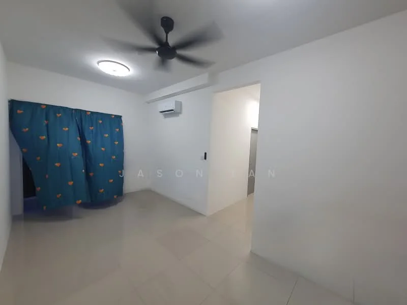 Room features: white painted walls, tile flooring, ceiling fan, wall-mounted split AC, blue curtain with pattern, doorway leading to another room.