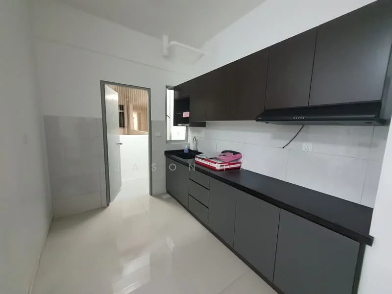 Kitchen features: dark wood cabinetry, black countertop, white tiled backsplash, stainless-steel sink, chrome pull-down faucet, built-in oven, freestanding range oven, recessed downlights, ceramic tile flooring, wall-mounted range hood; style: modern.