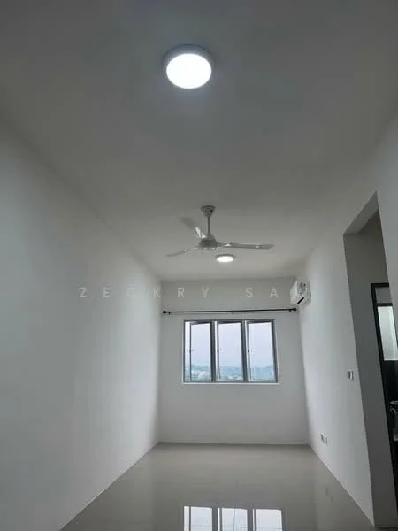 Room features: white painted walls, polished floor tiles, 5-blade ceiling fan with light, floor-to-ceiling windows, air conditioning unit, window treatments, recessed ceiling lights; style: modern; view: city.