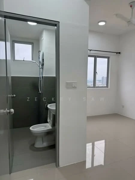 Room features: white painted walls, glossy tile flooring, ceiling fan, window with city view, shower area with glass door, toilet, sink, shower head, wall-mounted water heater; style: modern; view: city.