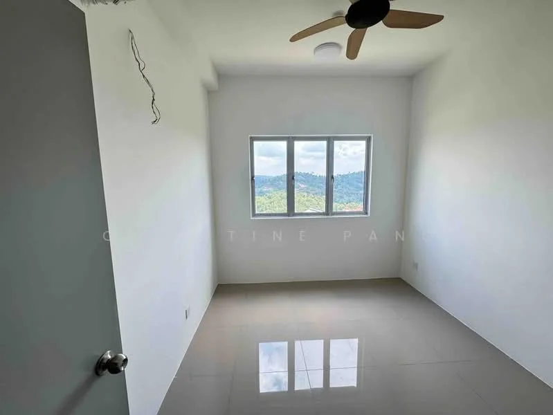 Room features: white painted walls, glossy tile flooring, 5-blade ceiling fan, floor-to-ceiling window, mountain view, light fixture on ceiling, door with handle; style: modern; view: mountain.