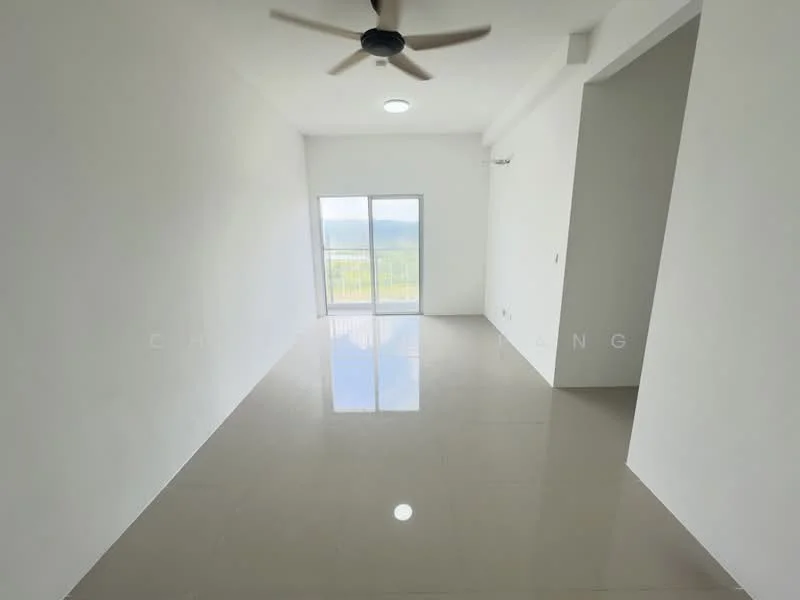 Living features: white painted walls, glossy ceramic tile flooring, 5-blade ceiling fan, floor-to-ceiling windows, sliding glass door, natural light, view of landscape, recessed ceiling light; style: modern; view: landscape.