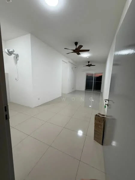 Room features: white painted walls, glossy ceramic tile flooring, 2 ceiling fans, recessed downlights, sliding glass door, open space layout, corner with a sink, no visible furniture; style: modern.