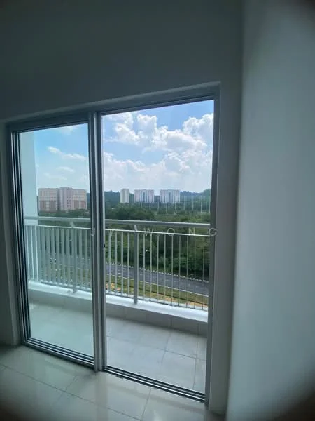 Room features: floor-to-ceiling sliding glass door, white walls, tile flooring, balcony with railing, view of city skyline, natural light from large windows; style: modern; view: city.