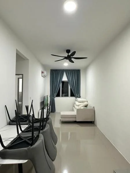Living features: white painted walls, glossy tile flooring, 5-blade ceiling fan with light, floor-to-ceiling window, blue curtains, sectional sofa in white, TV console, decorative throw pillows, chairs stacked upside down; style: modern.