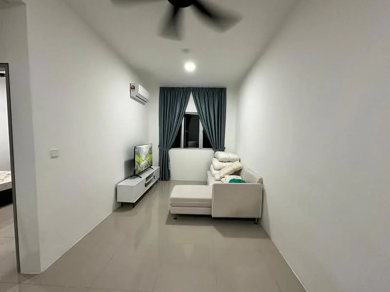 Living features: white painted walls, glossy tile flooring, 5-blade ceiling fan, floor-to-ceiling window, sheer curtains, TV console, wall-mounted TV, L-shape sectional sofa in white, decorative throw pillow, recessed lighting; style: modern.