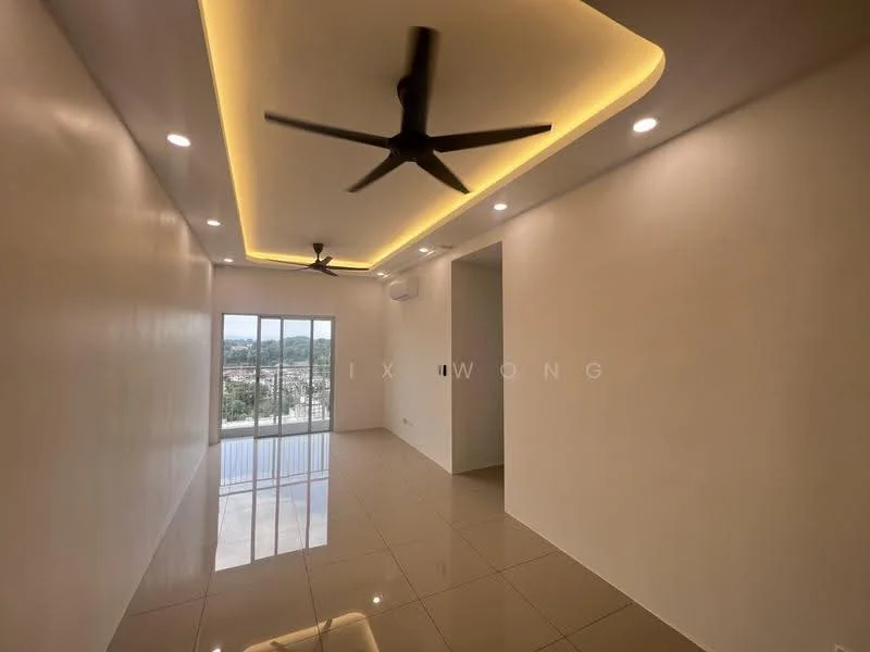 Room features: white painted walls, glossy ceramic tile flooring, tray ceiling with LED strip lighting, 2 ceiling fans, floor-to-ceiling windows, city view, air conditioning unit; style: modern; view: city.