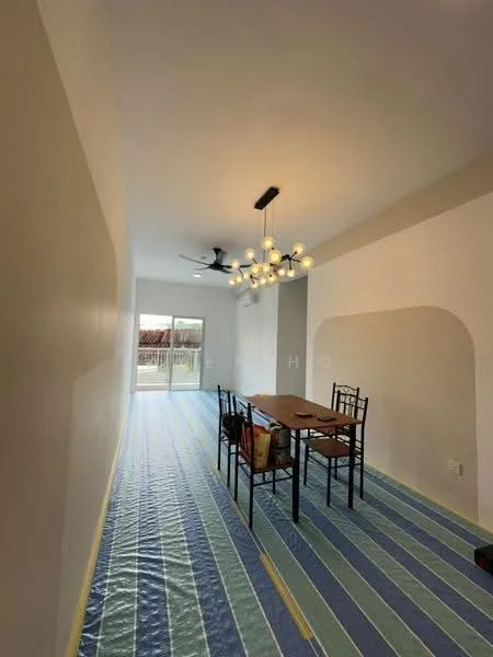 Dining features: dining table, black dining chairs, chandelier with multiple bulbs, sliding glass door, floor-to-ceiling windows, light blue walls, white painted walls, ceiling fan, blue and white striped flooring, open layout, natural light from windows; style: modern; view: garden.