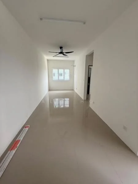 Room features: white painted walls, glossy tile flooring, ceiling fan, window with horizontal slats, recessed ceiling lights; style: modern.