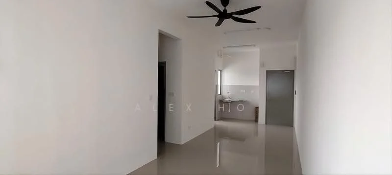 Room features: white painted walls, glossy tile flooring, 5-blade ceiling fan, doorway leading to another room, open kitchen area visible in the background, neutral color scheme, high ceiling, natural light from windows; style: modern.
